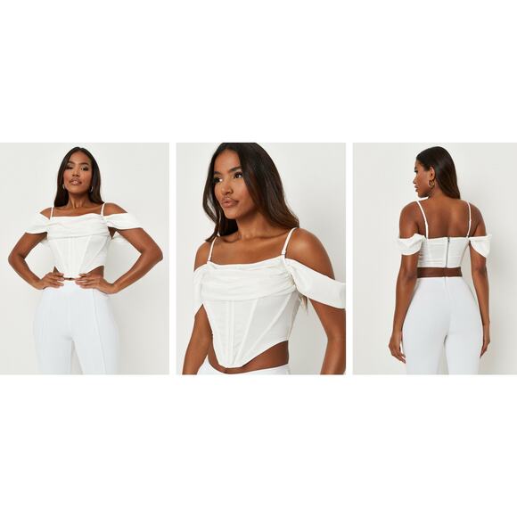 NWT Carli Bybel x Missguided White Drape Neck Cold Shoulder Satin Corset Top 0 - Picture 1 of 6